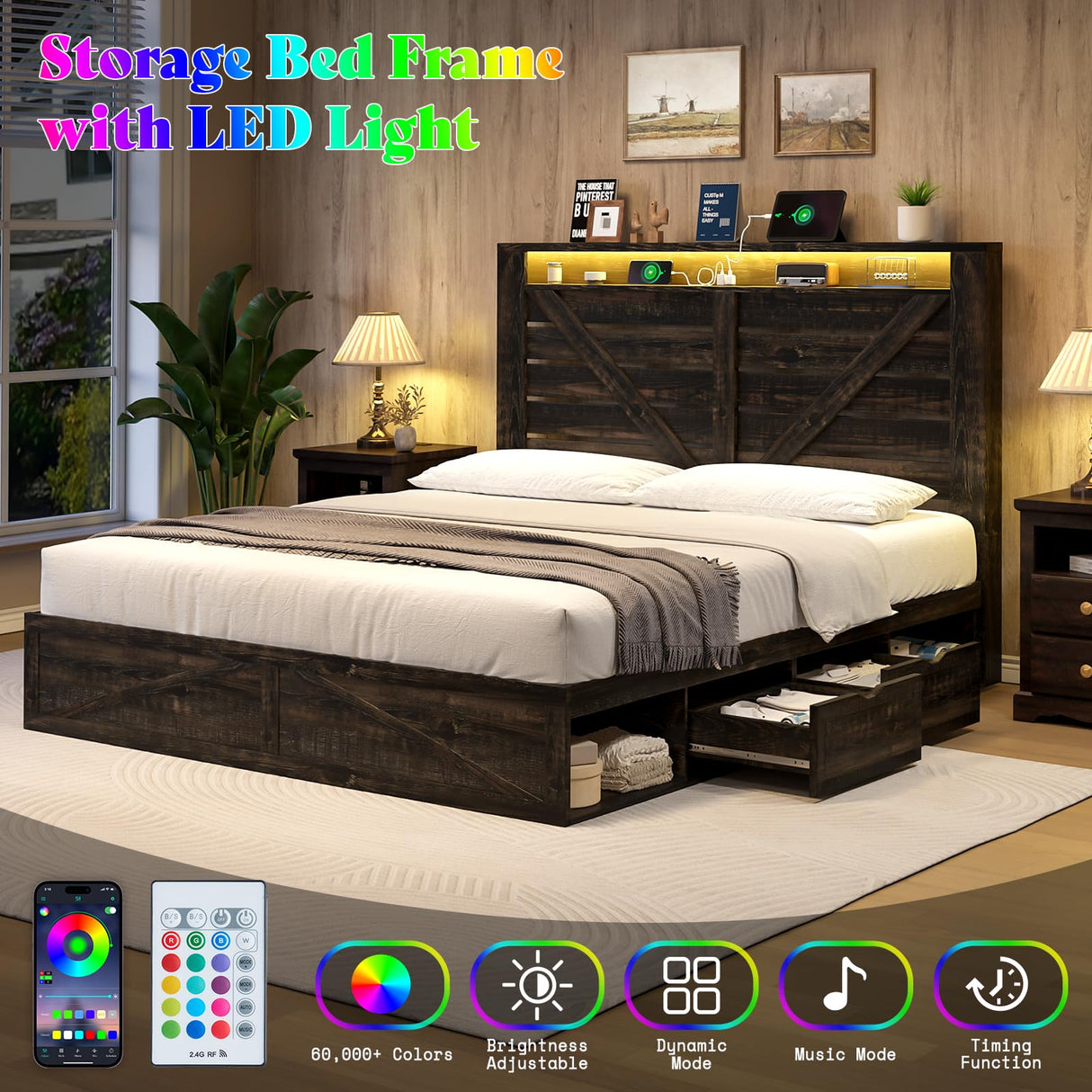 AMERLIFE Farmhouse Bed Frame with 4 Drawers & 4 Open Storage Space, Queen Size Storage Bed with LED Light & Charging Station, Wooden Slats, Noise Free, Rustic Black AMERLIFE