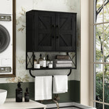 RUSTOWN Farmhouse Medicine Cabinet with 2 Barn Door, Wood Wall Mounted Storage Cabinet with Adjustable Shelf and Towel Bar, 3-Tier Bathroom Cabinet for Bathroom, Living Room(Black, Medium) RUSTOWN