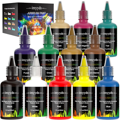 imyyds Airbrush Paint, 12 Color Acrylic Airbrush Paint Set, Water Based Read-to-Spray Air Brush Painting Set, Spray Paint Kit for Papers, Canvas, Wood, Model