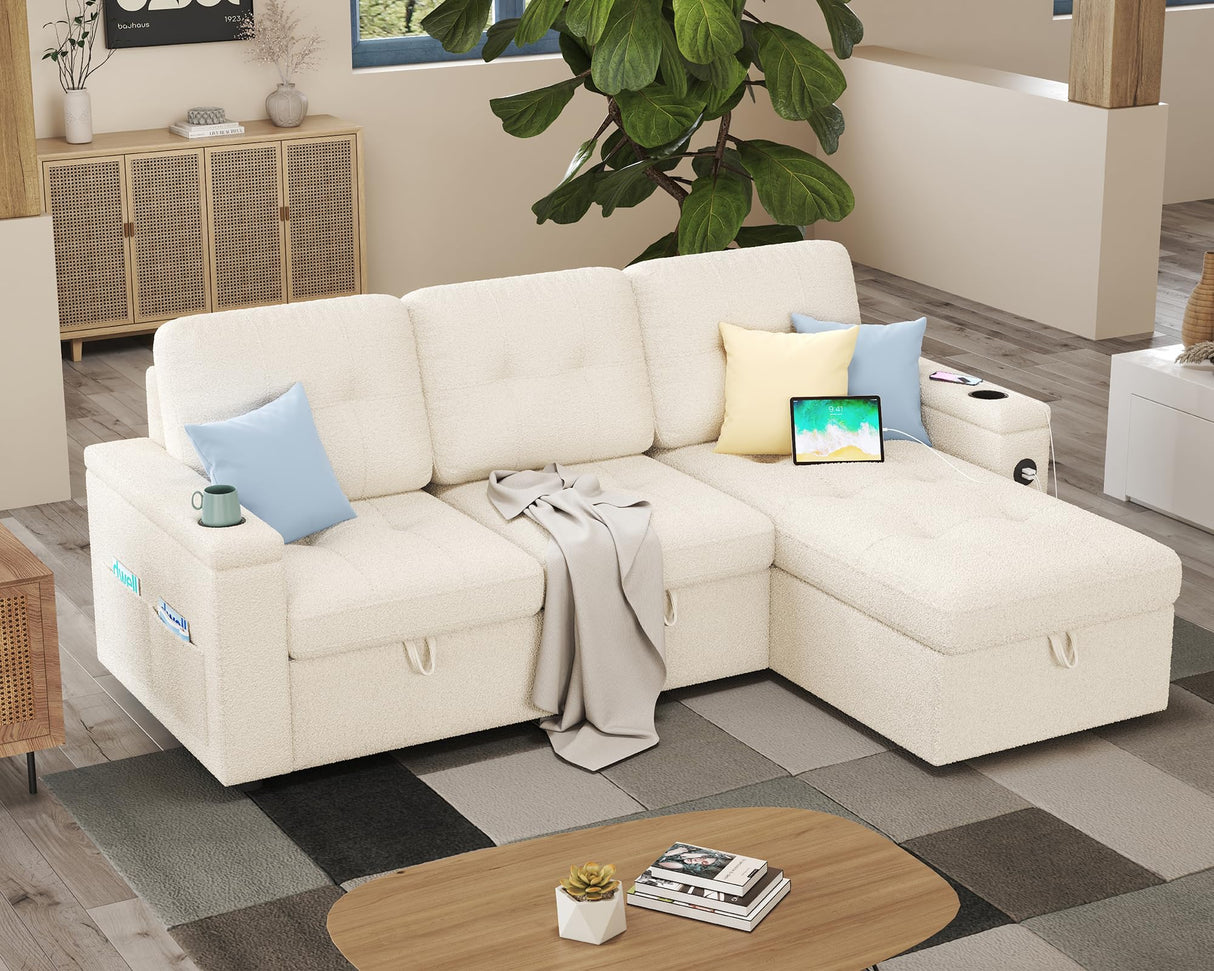 PaPaJet 84 Inch Pull Out Couch, Sleeper Sofa with Storage Chaise, Tufted L Shape Convertible Couch with 2 USB & Cup Holders, Boucle White PaPaJet