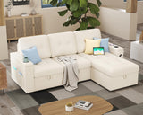 PaPaJet 84 Inch Pull Out Couch, Sleeper Sofa with Storage Chaise, Tufted L Shape Convertible Couch with 2 USB & Cup Holders, Boucle White PaPaJet