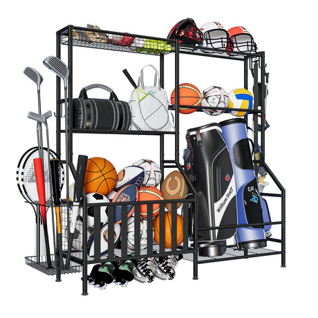 JIRTEMOT Sports Equipment Organizer, Heavy Duty Golf Bags Stand, Extra Large Ball Storage Rack for Garage, Sports Gear Storage with Basket and Hooks, Black JIRTEMOT