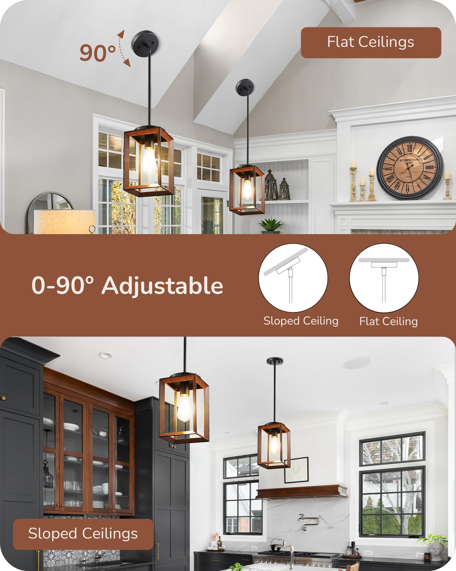 EDISHINE Farmhouse Pendant Light, Metal Hanging Light Fixture with Wooden Grain Finish, 63 Inch Adjustable Chain for Flat and Slop Ceiling, Kitchen Island, Bedroom, Dining Hall, E26 Base - WoodArtSupply