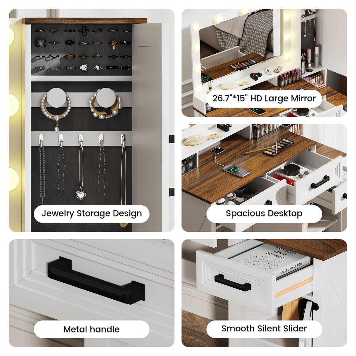 GlasFlength Farmhouse Makeup Vanity with Lighted Mirror, Vanity Desk with Charging Station, Vanity Table with 3 Lighting Modes Brightness Adjustable, Wood Vanity with Acrylic Boxes for Bedroom, White GlasFlength