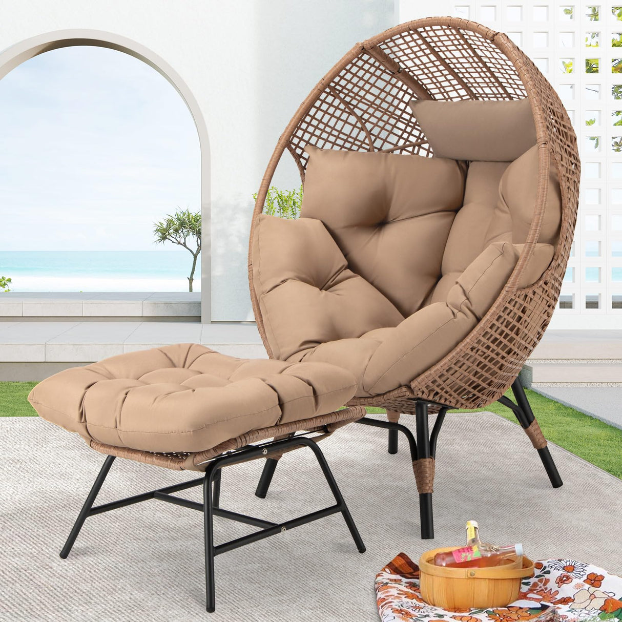NICESOUL Egg Chair Indoor Outdoor, Large Egg Lounge Chair w/Ottoman, Oversized Comfy Cushioned Brid Cage Seat 440lbs, Boho Nest Seat with Footstool for Patio, Bedroom, Lawn, Backyard, Brown NICESOUL