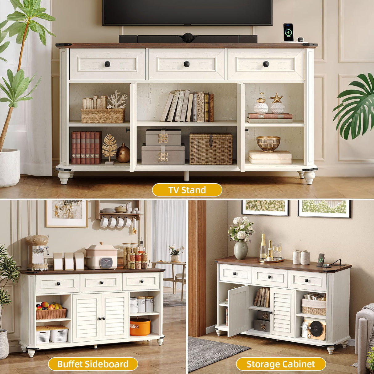 DWVO Farmhouse TV Stand for 65 Inch TV, 31.5" Tall Entertainment Center w/3 Drawers & Shutter Doors, Rustic Media Console Cabinet w/Storage Shelves, Wood Television Stand for Living Room, Rustic White DWVO