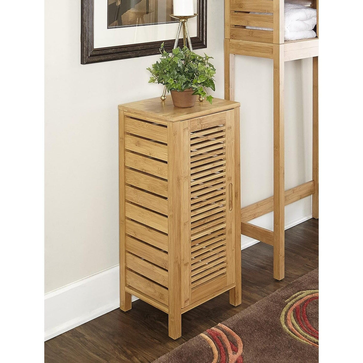 Linon Bracken 3 Shelf 1 Door Bathroom Storage Floor Cabinet, Bamboo Natural Bamboo Linon
