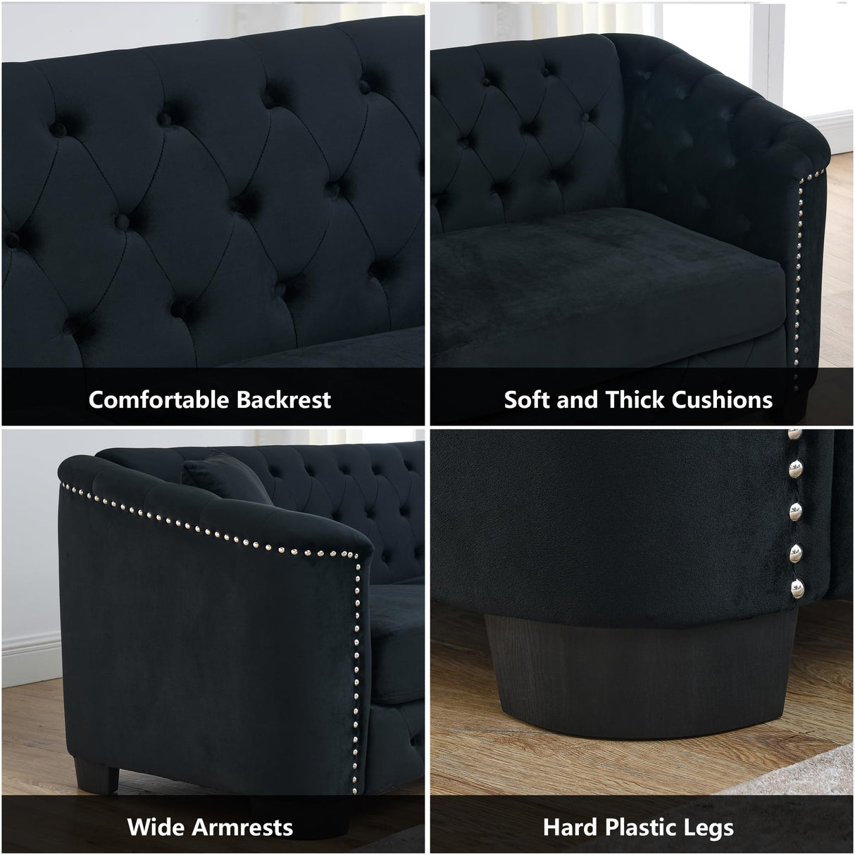 mikibama Modern Chesterfield Velvet Sofa, 77 Inch Sectional Sofa, Luxury 3 Seater Upholstered Tufted Couch with Nailhead Arms and 2 Pillows for Living Room, Bedroom, Apartment(Black) mikibama