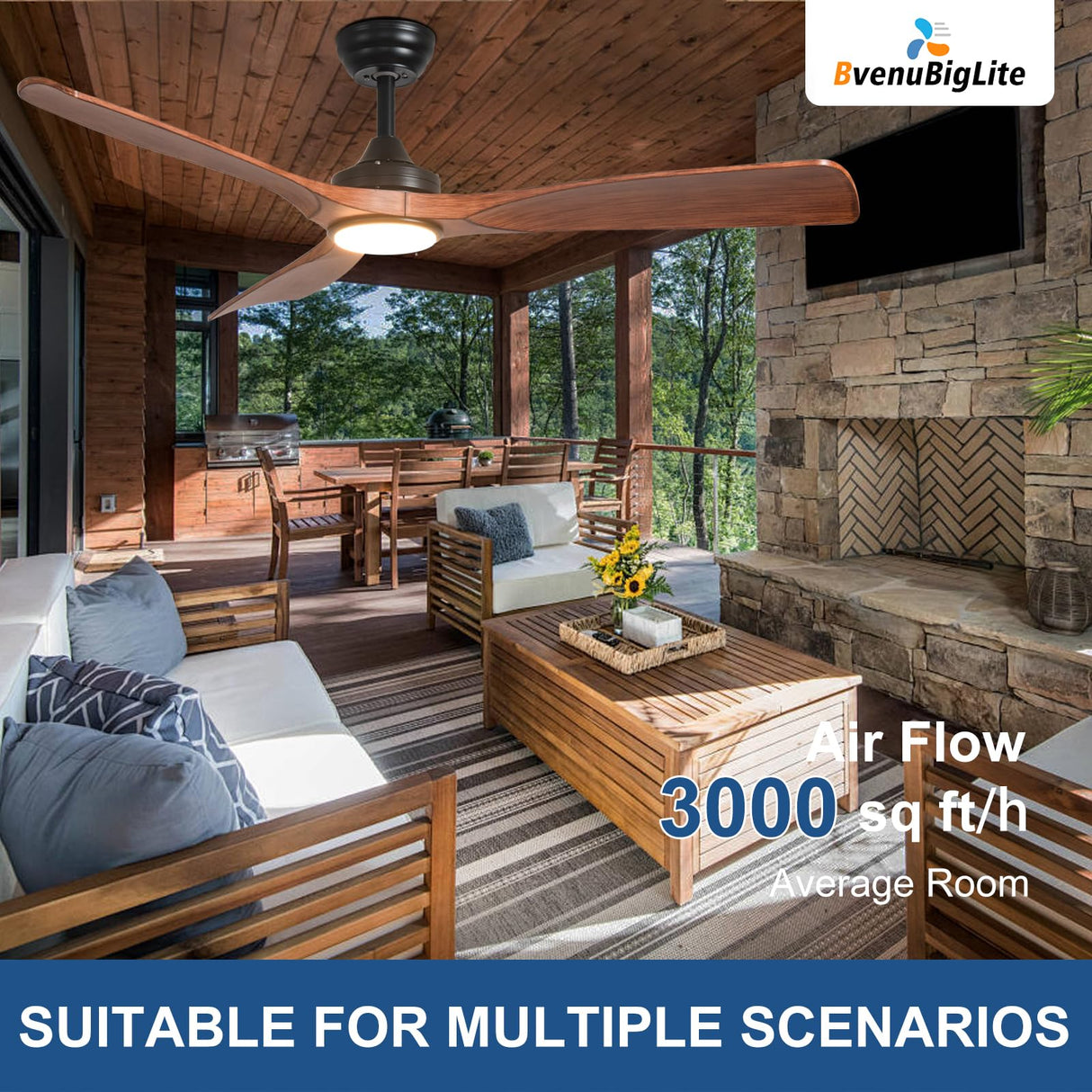 BvenuBigLite Outdoor Ceiling Fan with Light: 52 Inch 3 Blade Outdoor Fans for Patios - Modern Walnut Ceiling Fan with Dimmable Light Remote APP Control Ultra Quiet Reversible DC Motor Timer BvenuBigLite