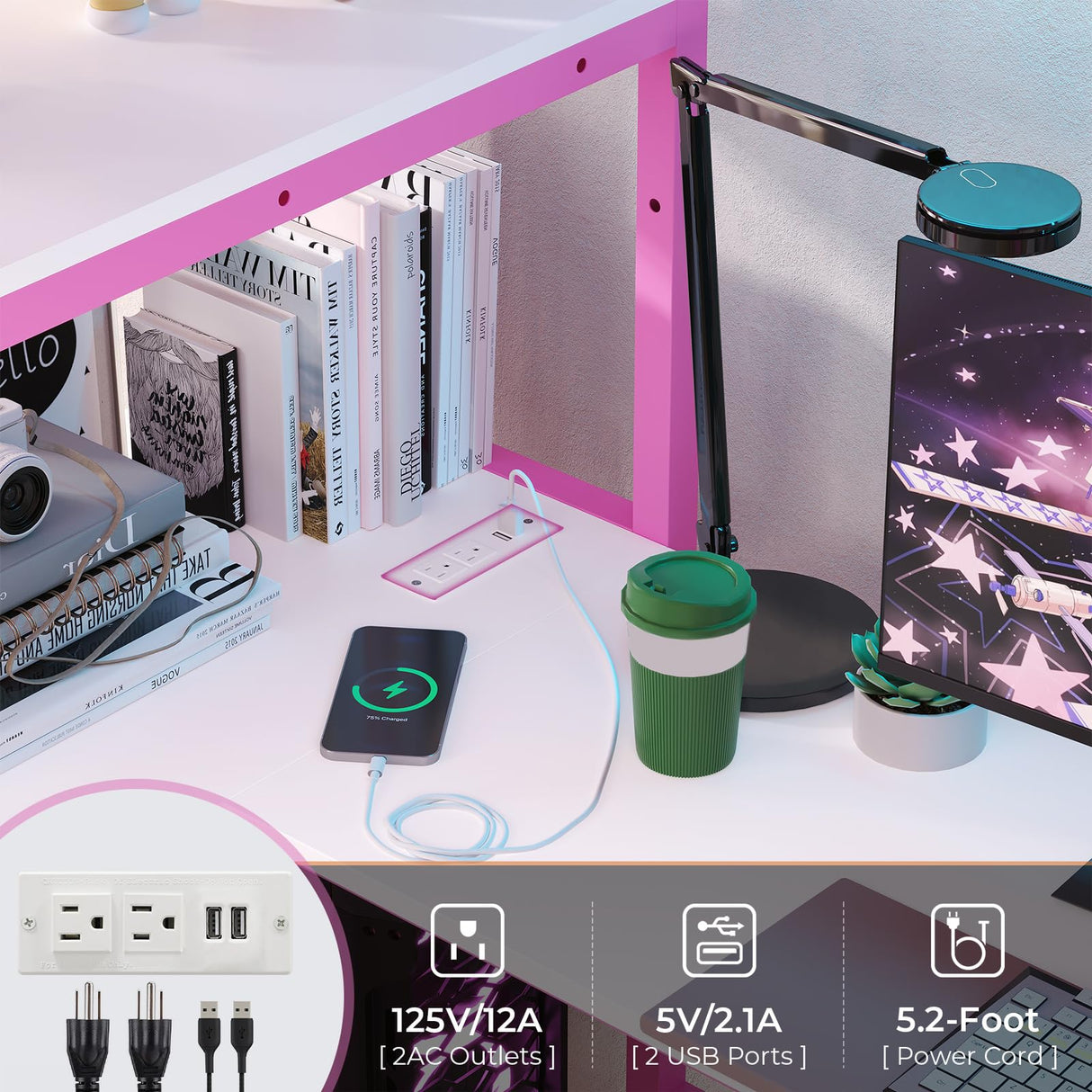 DICTAC Loft Bed Twin Size with L-Shaped Desk, LED Lights and Charging Station Twin Metal Loft Bed Frame with 3 Storage Shelves and 3 Fabric Drawers, Safety Guard & Ladder, No Box Spring Needed, Pink DICTAC