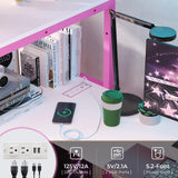 DICTAC Loft Bed Twin Size with L-Shaped Desk, LED Lights and Charging Station Twin Metal Loft Bed Frame with 3 Storage Shelves and 3 Fabric Drawers, Safety Guard & Ladder, No Box Spring Needed, Pink DICTAC