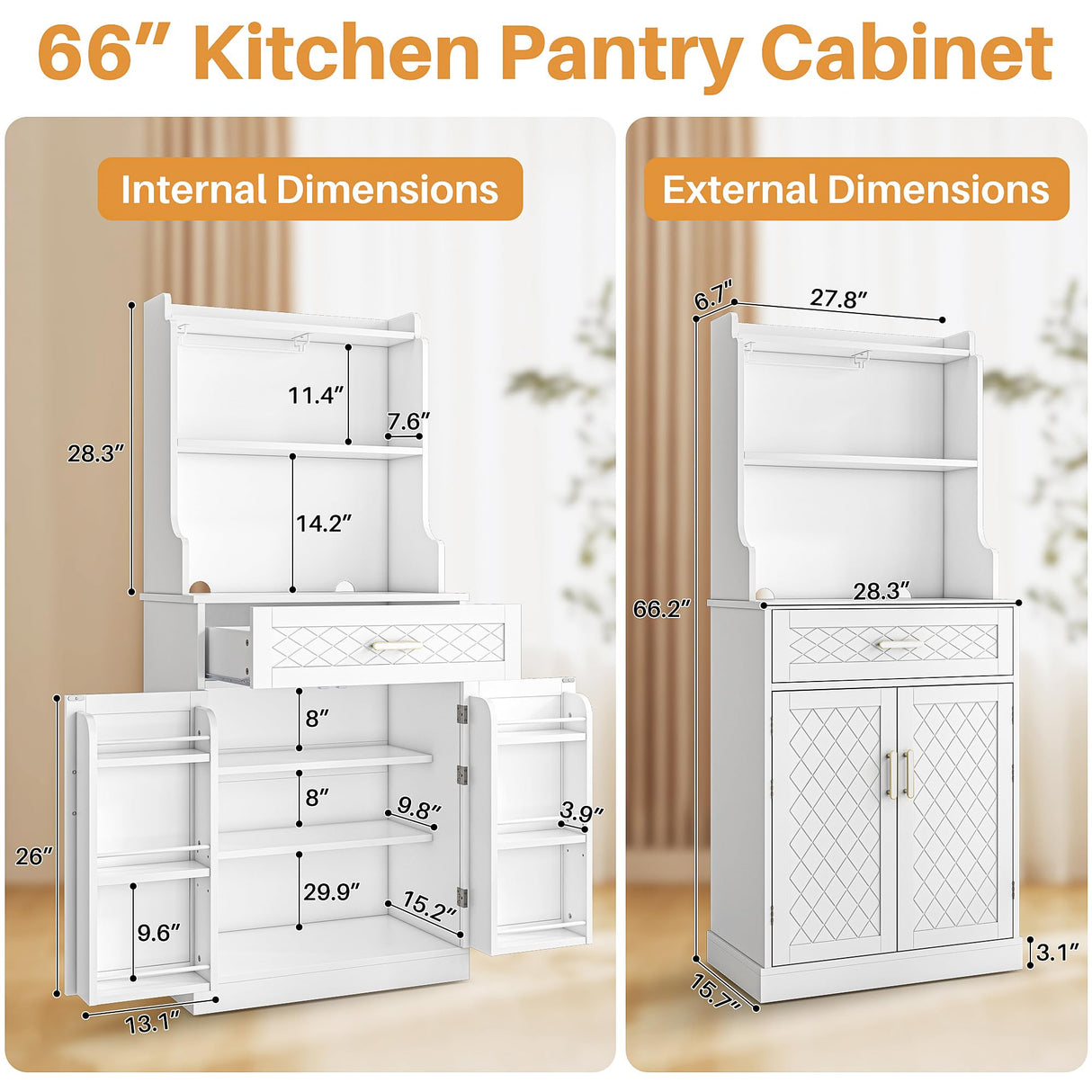 kepptory 66" Pantry Cabinet with Adjustable Shelves and Drawer, Freestanding Microwave Stand Bakers Rack with Wine Glass Holder, Kitchen Pantry Storage Cabinet for Home Office Use (White) kepptory