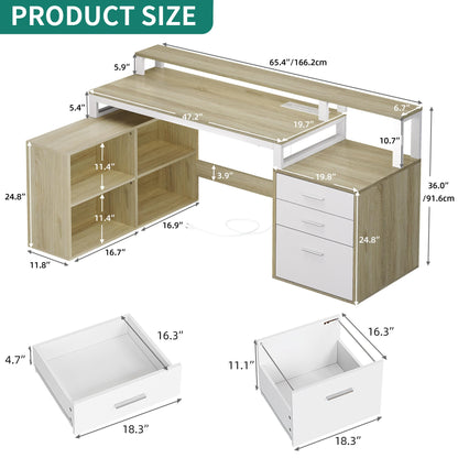 YITAHOME L Shaped Desk with 3 Drawers, 65" Corner Computer Desk with Power Outlets & LED Lights, L-Shaped Desk with File Cabinet & Printer Stand for Home Office, White & Oak - WoodArtSupply