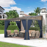 Gotland 10FTx12FT Outdoor Wall-Mounted Hardtop Pergola, Metal Frame Gazebo with Sloping Sun Panel Roof and Double Curtains for Patio, Garden, Lawn, Navy Gotland