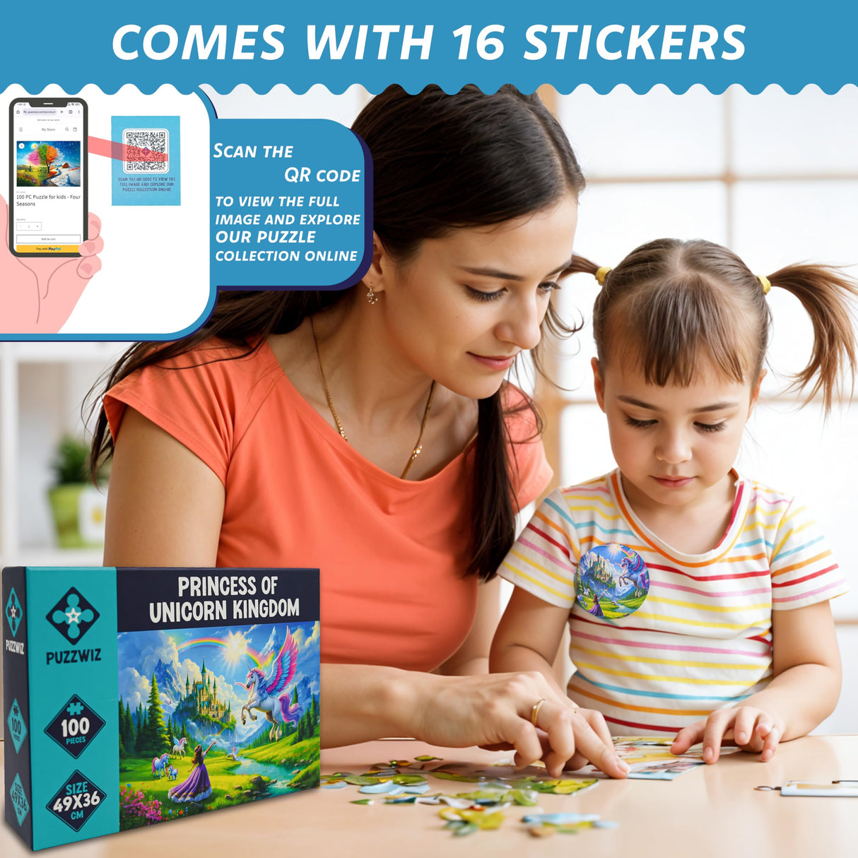 Princess of Unicorn Kingdom 100 Piece Puzzle + Bonus 16 Stickers for Kids 4-8 8-10 - Puzzles for Children and Adults - Learning Educational Toys Birthday Gifts for Girls Jigsaw Puzzles PuzzWiz