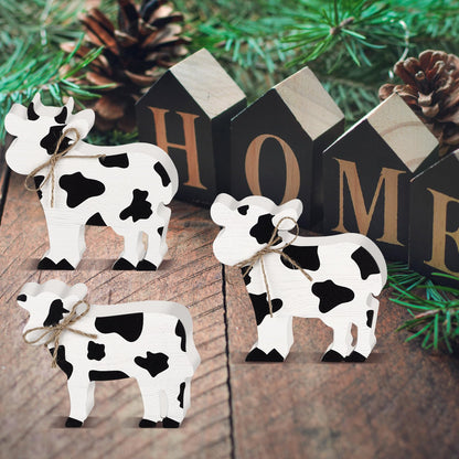 Redbaker 3 Pcs Cow Wooden Table Decor Christmas Tiered Tray Decor Farmhouse Tabletop Block Sign Rustic Wood Centerpieces Decorations for Xmas Home Office Table Shelf Decor