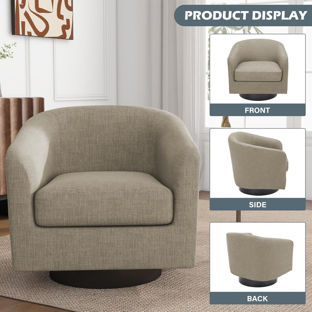 UIXE Swivel Accent Chairs Set of 2, Barrel Club Chair Upholstered Armchair in Fabric for Living Room, Round Arm Chair Bedroom Single Sofa Reading Seat - Light Brown UIXE