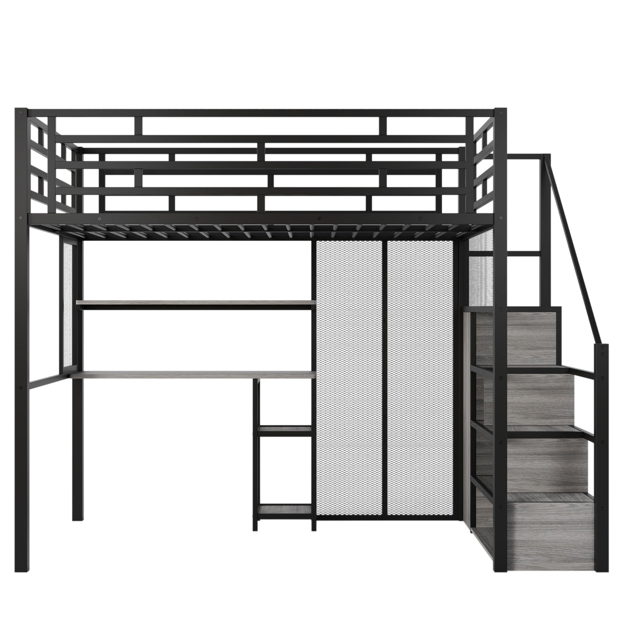 Merax Modern Full Heavy Metal Loft Bed with Wardrobe & Desk, Multifunction Loft Bed Frame with Staircase, Storage Shelves for Bedroom, Dorm, Appartment Space-Saving Black Merax