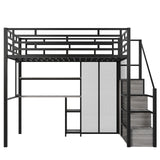 Merax Modern Full Heavy Metal Loft Bed with Wardrobe & Desk, Multifunction Loft Bed Frame with Staircase, Storage Shelves for Bedroom, Dorm, Appartment Space-Saving Black Merax