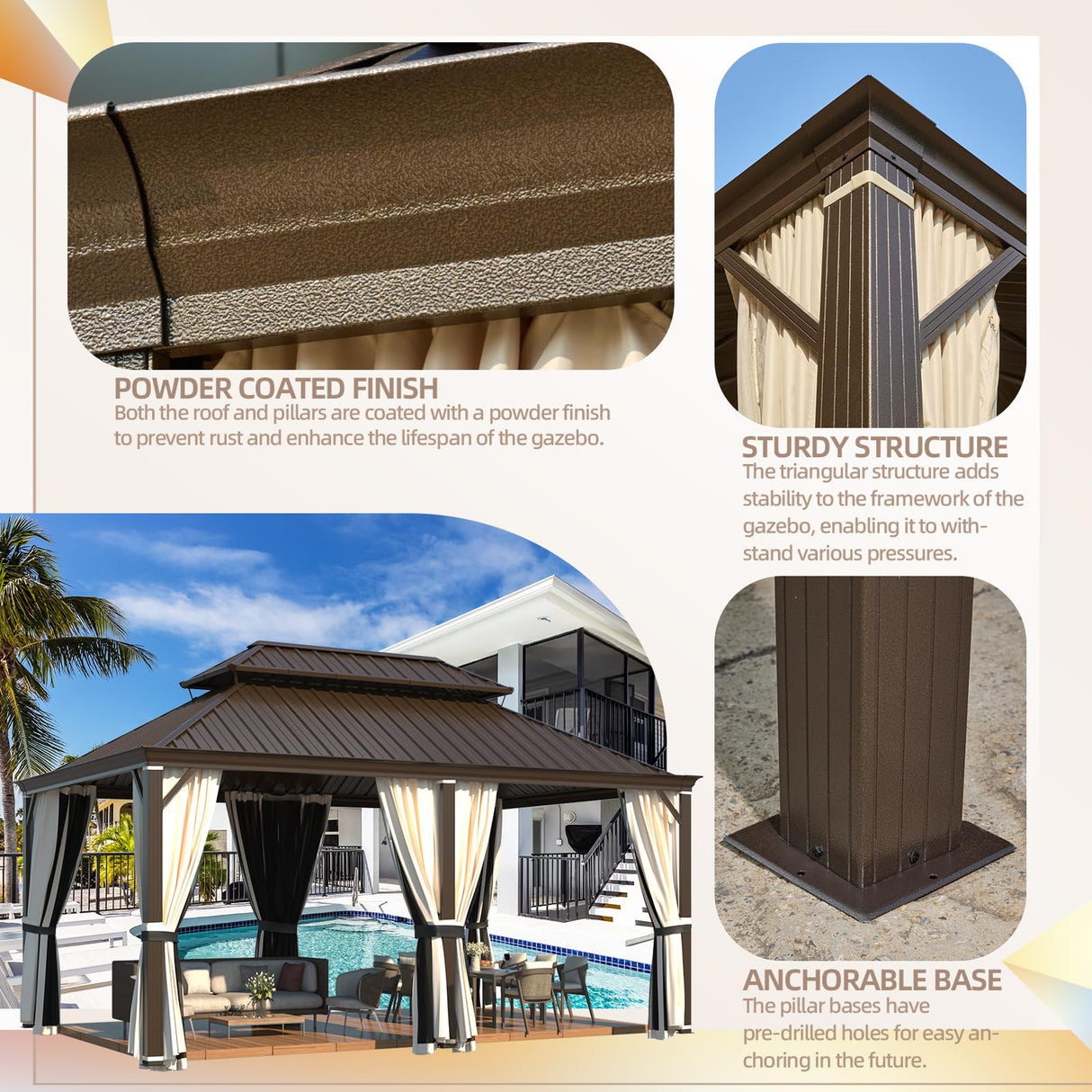 YOLENY 12' x 18' Gazebo, Galvanized Steel Double Roof Hardtop Gazebo with Aluminum Frame, Permanent Outdoor Metal Pavilion with Curtain and Netting for Patio, Lawn and Garden YOLENY