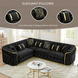 110.5" Luxury Velvet L Shape Chesterfield Sofa Set with Glod Metal Accents, Oversize Victorian Curved Arm Sofa Sectional Couches for Living Room with 7 Pillows, Left Chaise, Black WIN FORCE