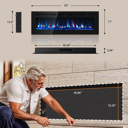 50 inch Electric Fireplace in-Wall Recessed and Wall Mounted with Remote Control, 1500/750W Fireplace Heater (60-99°F Thermostat) with 12 Adjustable Color, Timer, Log and Crystal