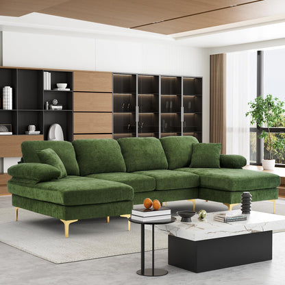 OUYESSIR U-Shaped Sectional Sofa Couch, 4 Seat Sofa Set for Living Room, 110.6" L-Shaped Chenille Sleeper Couch Set with Double Chaise Lounge (Green)