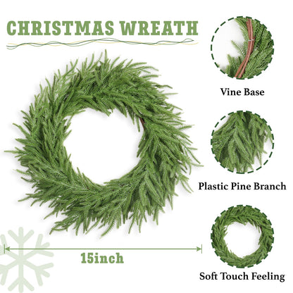 XmasExp Norfolk Pine Christmas Wreath-15Inch Real Touch Artificial Christmas Wreaths-Evergreen Realistic Plain Christmas Wreath for Front Door,Windows