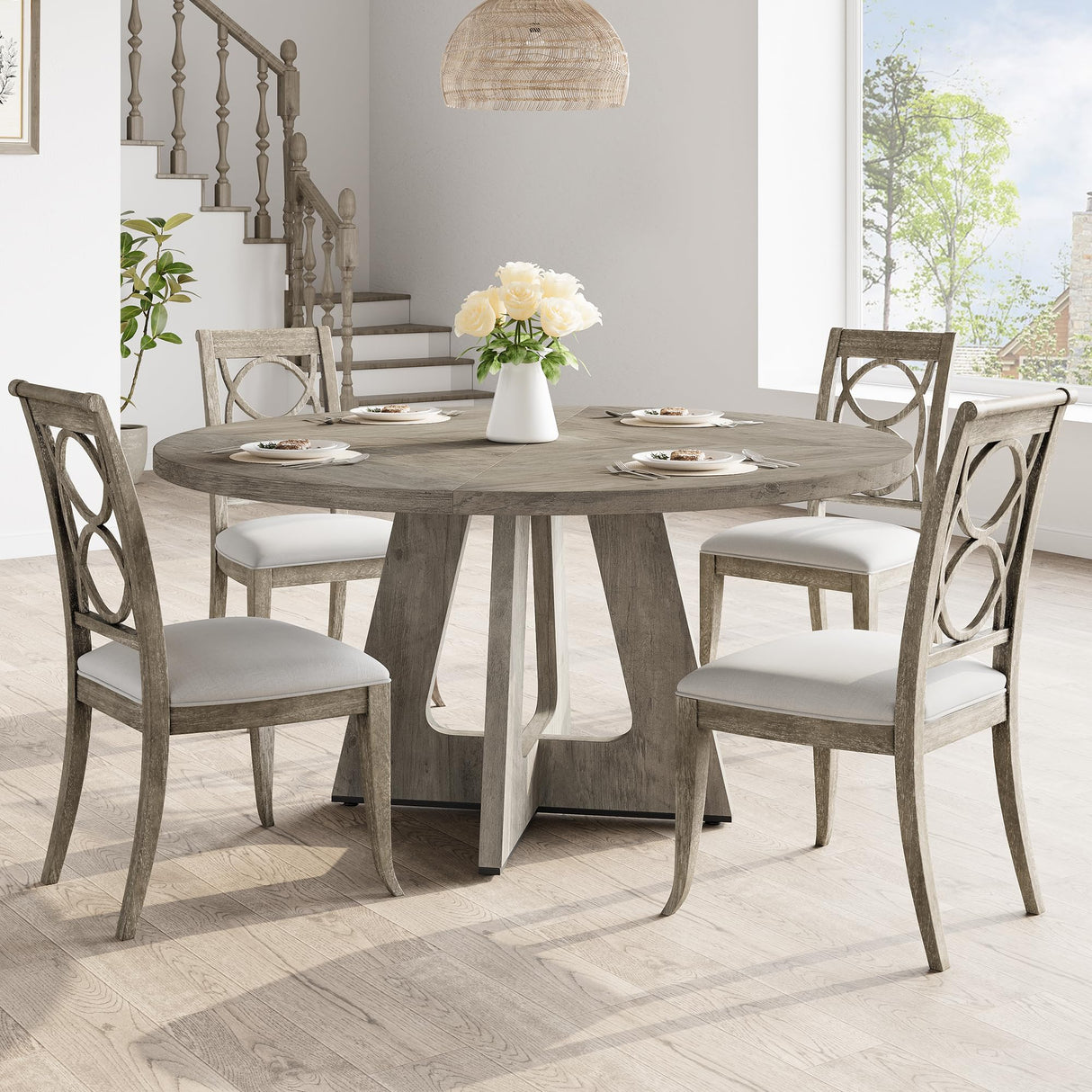 GarveeHome 47-Inch Round Large Dining Table Set for 4 to 6, Farmhouse Dinner Table with Wooden Top and Legs for Home Dining Room or Living Room - Grey(No Chairs) GarveeHome