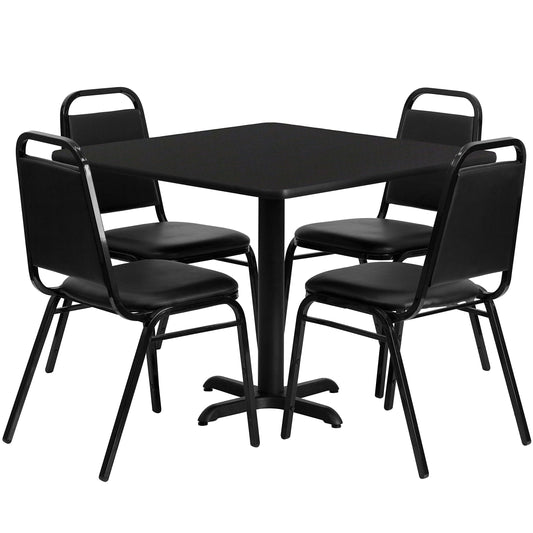 Flash Furniture Carlton 36'' Square Black Laminate Table Set with X-Base and 4 Black Trapezoidal Back Banquet Chairs - WoodArtSupply