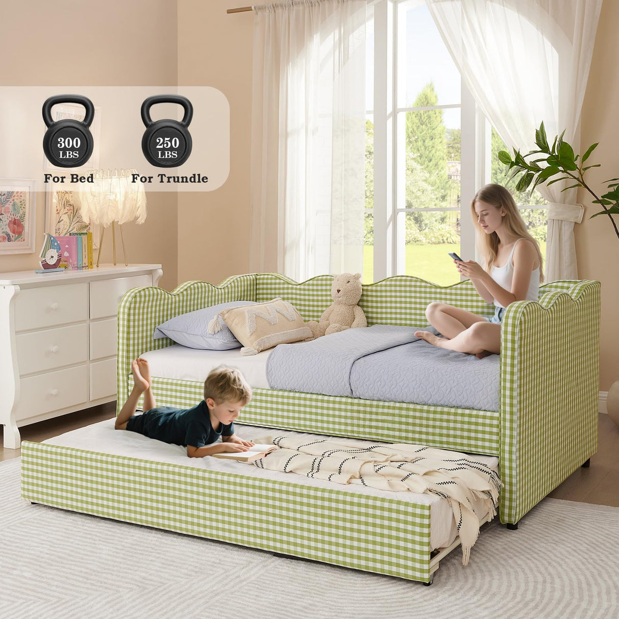 Twin to King Daybed with Trundle, USB Ports Soft Upholstered Daybed with Pop Up Trundle Bed Twin, Modern Extendable Day Bed Frame for Girls Bedroom Living Room Guest Room Small Places Sage Green Deolme
