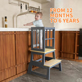Kids Kitchen Step Stool, Toddler Montessori Learning Standing Tower, Ideal Toddler Kitchen Stool Helper for Bathroom Sink or Kitchen Counter - 2025 Design with 3 Exclusive Upgrades - Gray Mangohood