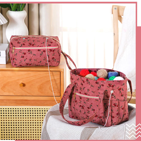 2 Pcs Crochet Bag and Tote Set Corduroy Yarn Holder Crochet Tote Bag for Hooks Vintage Flowers Organizer Yarn Holder for Ideal Mother's Day Gift Knitting Lovers Accessories Bulyoou