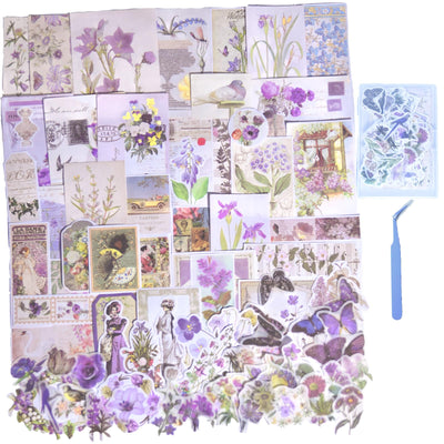 CHRYCELESTE 200pcs Vintage Purple Scrapbook Stickers and Paper, Journal Stickers Kit, Junk Journal Paper Kit - Flowers Butterflies,Plastic Case Packaging with Handy Pliers(Purple Reverie)