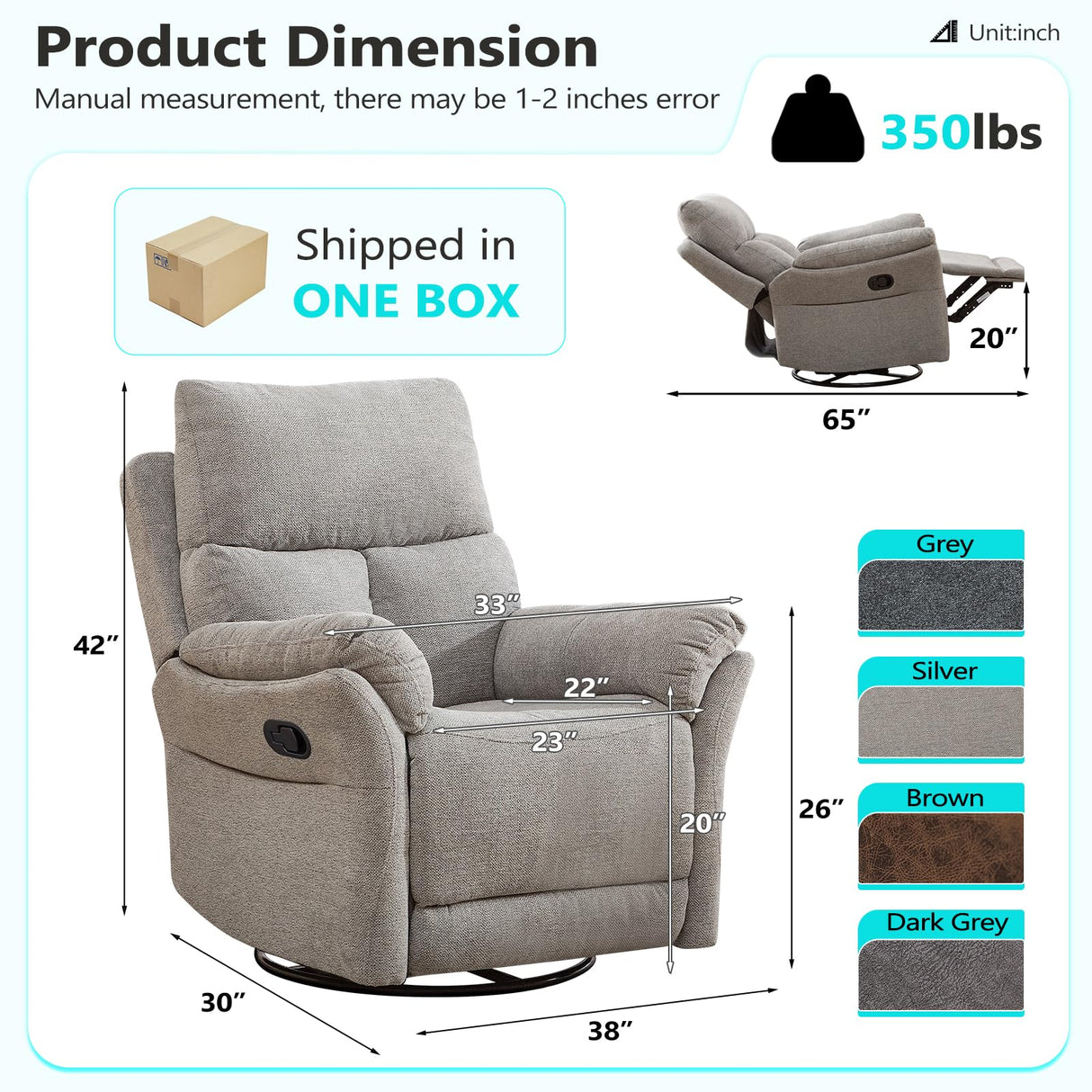 ANJ Manual Fabric Recliner Chair Set of 2, Swivel Rocker Glider, Silver ANJ