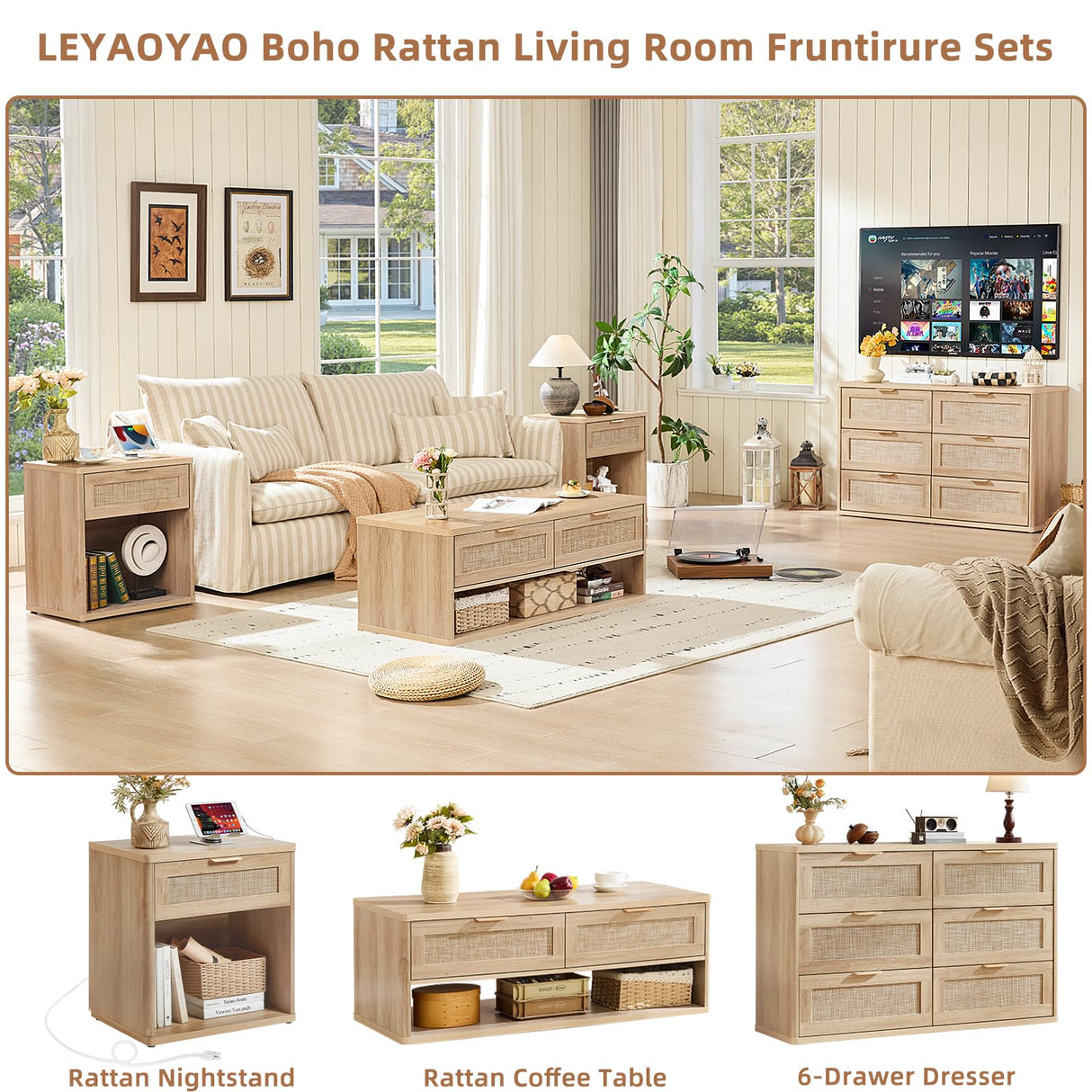 LEYAOYAO 48" Farmhouse Boho Rattan Coffee Table with 2 Woven Drawers,Rectangular Coffee Tables with Hidden Storage Compartment,Curved Profile Design,Wooden Center Table for Living Room,Natual Wood LEYAOYAO