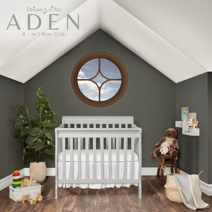 Dream On Me Aden 4-in-1 Convertible Mini Crib In Grey, Greenguard Gold Certified, Non-Toxic Finish, New Zealand Pinewood, With 3 Mattress Height Settings - WoodArtSupply