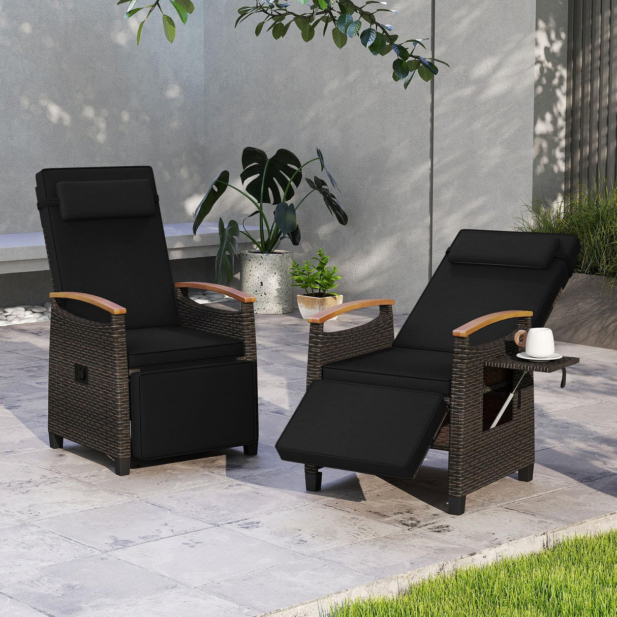 HAPPYGRILL Outdoor Rattan Wicker Chaise Lounge Recliner Chair with Adjustable Backrest & Footrest, Push Back Outside Seat w/Cushion & Flip Table for Backyard, Porch, Balcony (Black,1) HAPPYGRILL