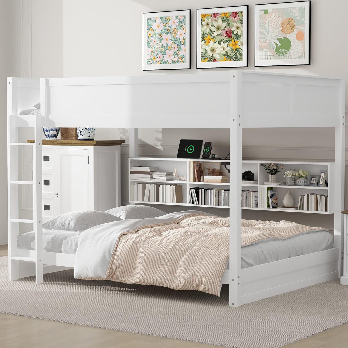 DNChuan Queen Over Queen Bunk Bed with Storage and USB Ports,Wooden Queen Size Bunker Bed Frame and Underneath Bookshelf,No Box Spring Needed,Kids,Adults-White DNChuan