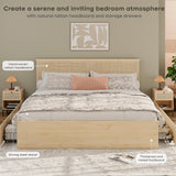 Yechen King Bed Frame with Natural Rattan Headboard and Wooden 4 Storage Drawers, Light Oak Metal Platform Bedframe with Strong Wooden Slats Support, Boho Cane Wood Bed, No Box Spring Needed Yechen