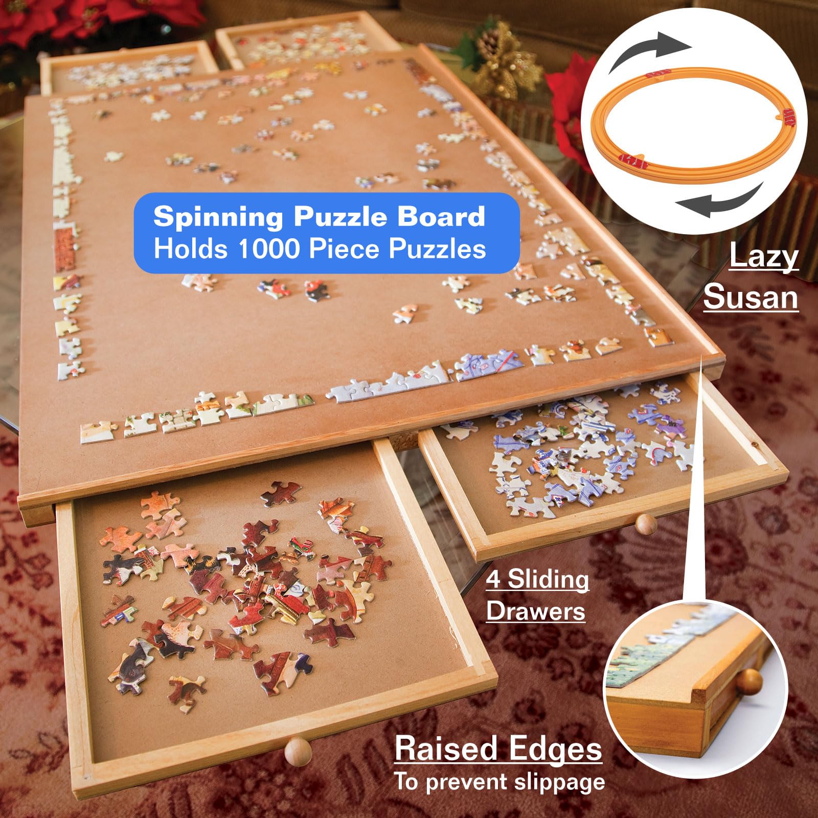 Bits and Pieces - 1000 Piece Puzzle Board with Drawers - Original Standard Wooden Puzzle Plateau - Tabletop Deluxe Jigsaw Puzzle Organizer and Puzzle Storage System (Standard with Spinner) - WoodArtSupply