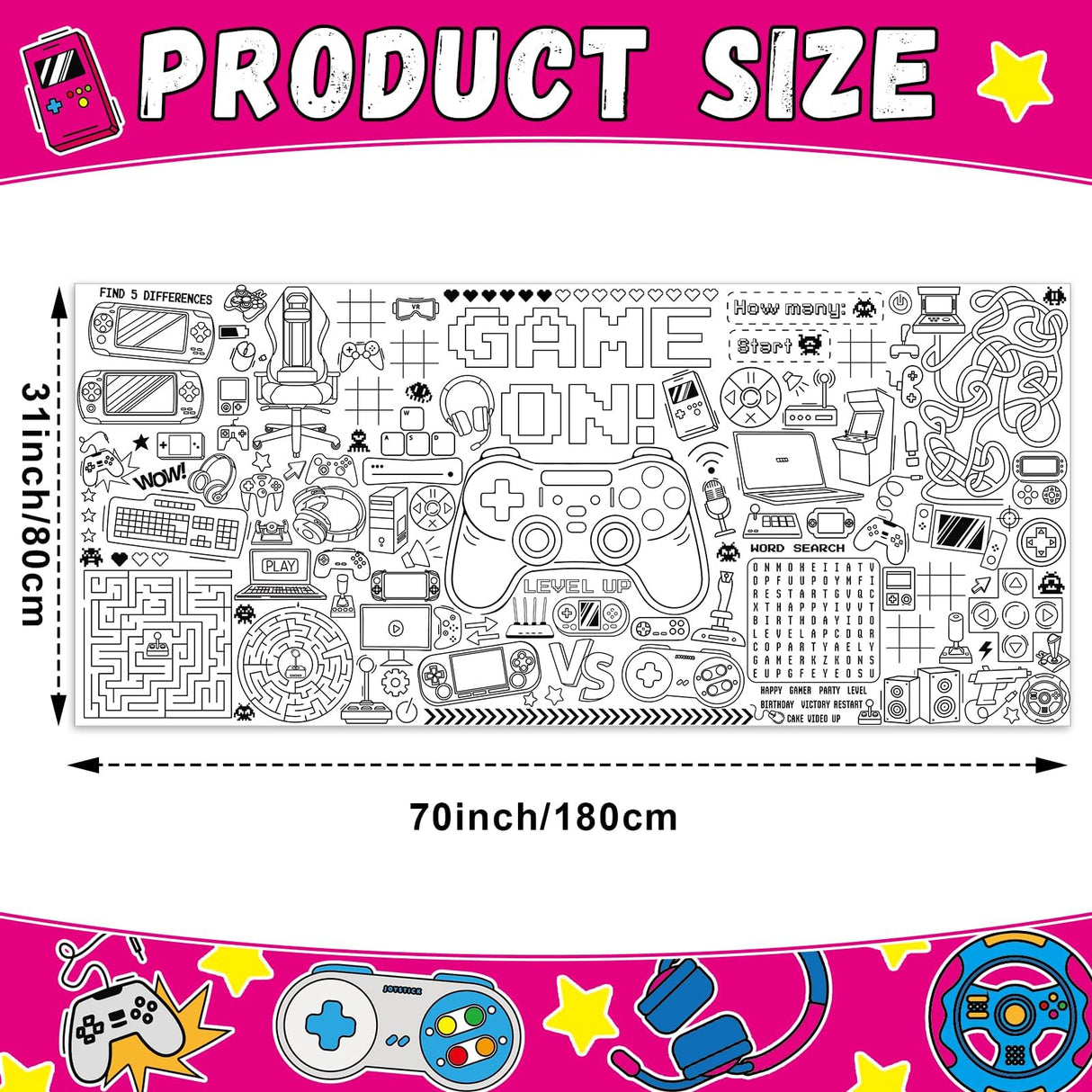 Video Game Giant Coloring Poster Large Gamer Versatile Activity Drawing Paper Coloring Tablecloth DIY Gaming Theme Game Poster Table Cover Children Art Craft Coloring Mat Home Classroom Party Suppiles Naozinebi