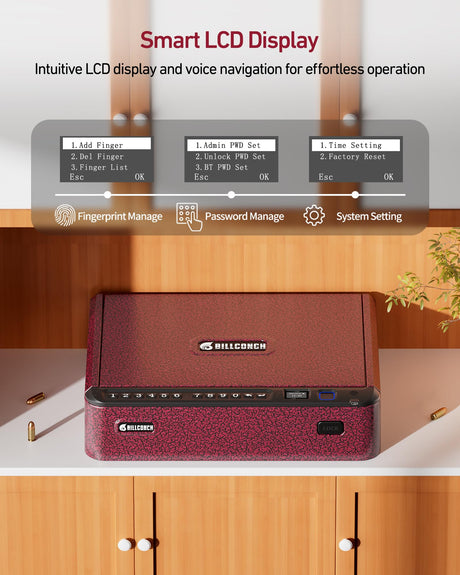 BILLCONCH Smart Gun Safe with Security Cable - Biometric Gun Safe for Handgun 4 Ways Quick Access with Fingerprint/Keypad/Key/APP Lock for Bedside Home Car with LCD/Voice Guide - Burgundy Red BILLCONCH