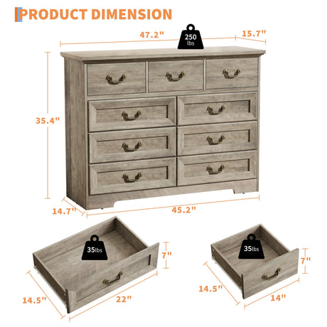 Dresser for Bedroom with 9 Drawers, 47" Wide Vintage Chest of Drawers with Metal Handle & Natural Texture, Wood Dresser for Closet with Two Different Drawer Sizes for Living Room, Hallway, Grey Garvee