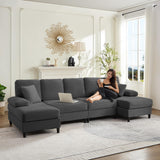ijuicy U Shaped Sofa Couch with Double Chaises, 112" Sectional Sofa with Sleepable Armrest, 4 Seat Couch with Chaises, Sectional Couches for Living Room, Apartment (Corduroy, Dark Grey) ijuicy