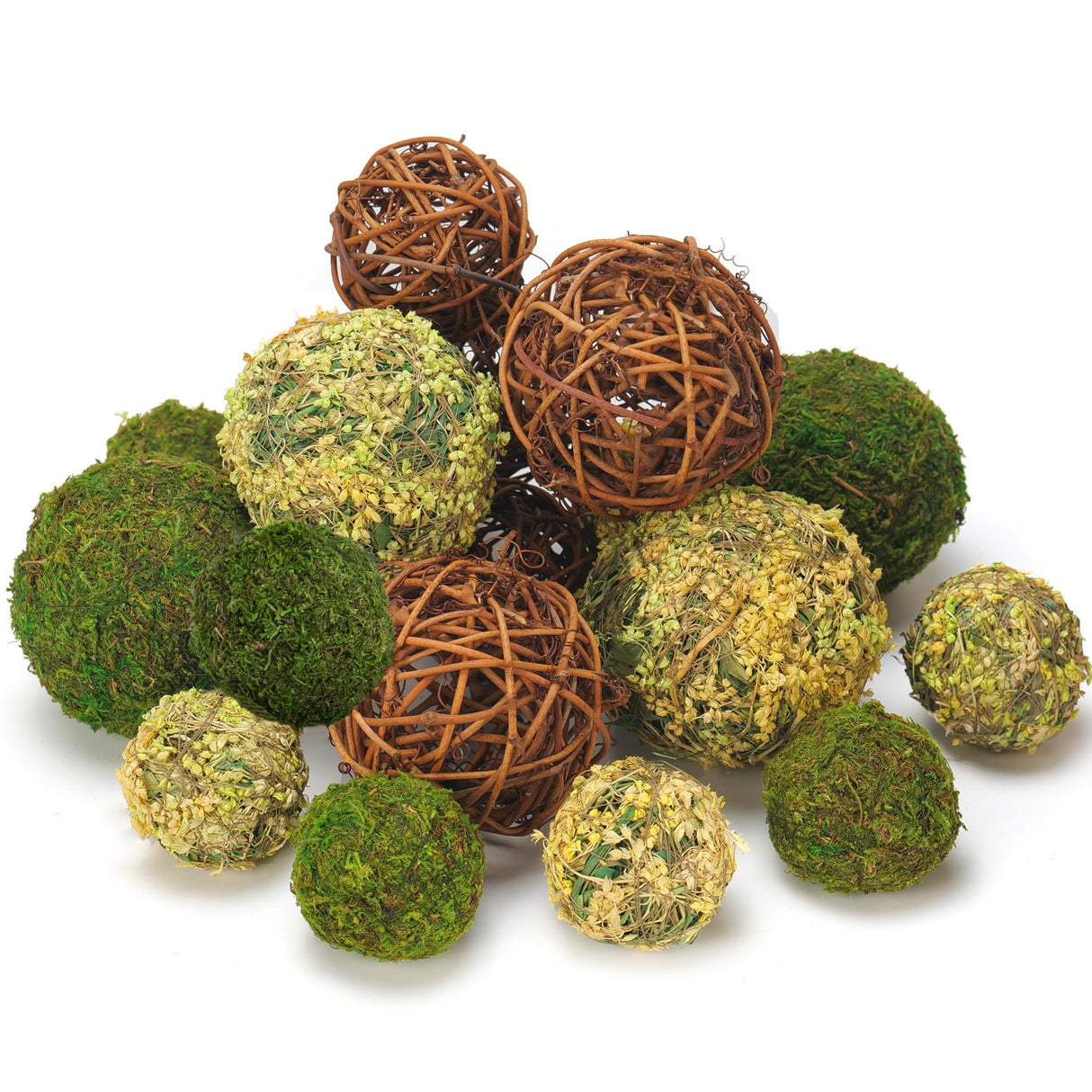 BYHER Decorative Balls for Centerpiece Bowls, 18pcs Fake Moss Balls + Wicker Rattan Balls Set Vase Bowl Filler for Home Garden Wedding Party Decor (Fresh Green + Rustic Brown) BYHER