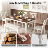 HOPETANA 6-Piece Dining Room Set - Rectangular Solid Elm Wood Table with Bench & Upholstered Chairs, White/Brown HOPETANA