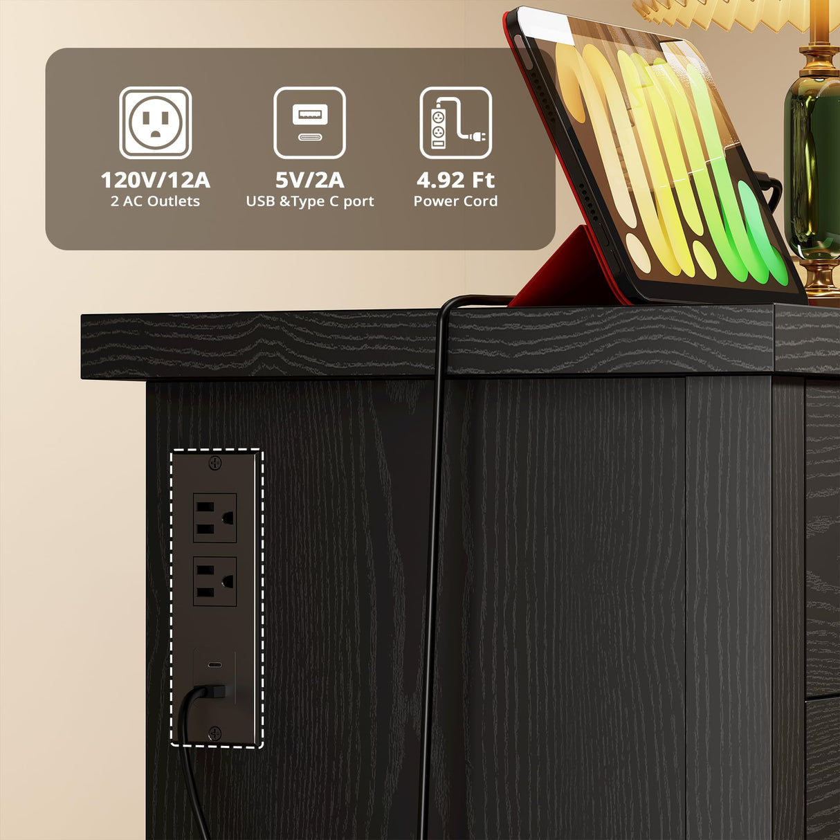 LIKIMIO Dresser with 10 Drawers, Bedroom Wooden Chest of Drawers with LED Lights and Power Outlets, Fabric Side Pocket, TV Stand for Living Room, Black LIKIMIO