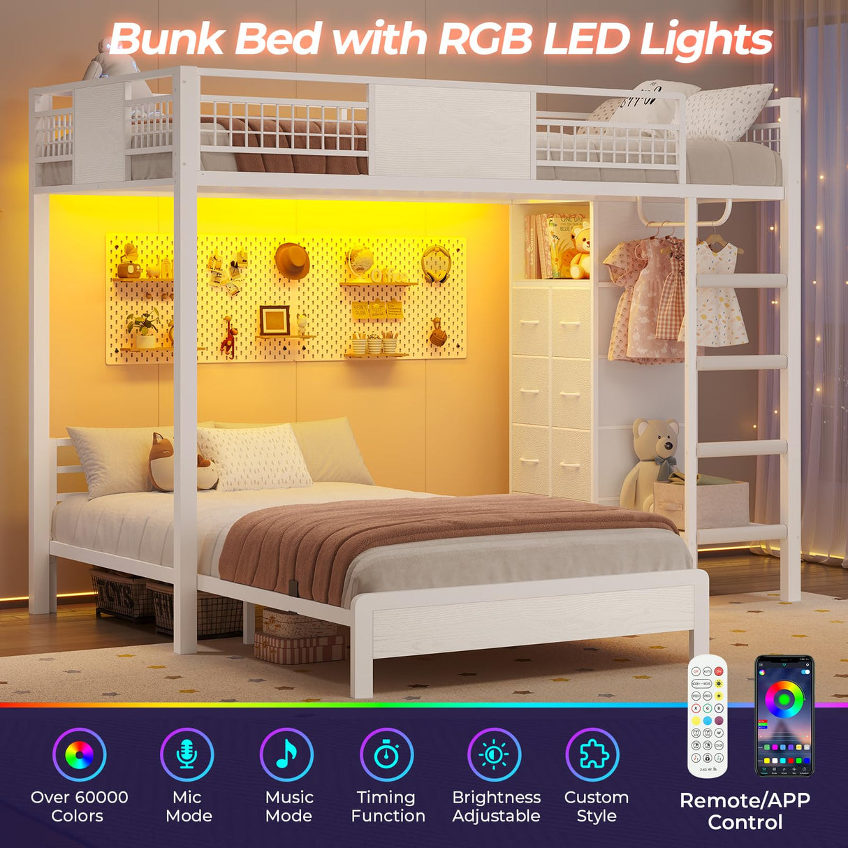 ADORNEVE Bunk Bed Twin Over Twin Size with 8 Storage Drawers, Twin Bunk Beds with Led Lights & Storage Shelves, Metal Loft Bed with 13.4" H Safety Guardrail & Ladder, for Kids & Teens, White ADORNEVE