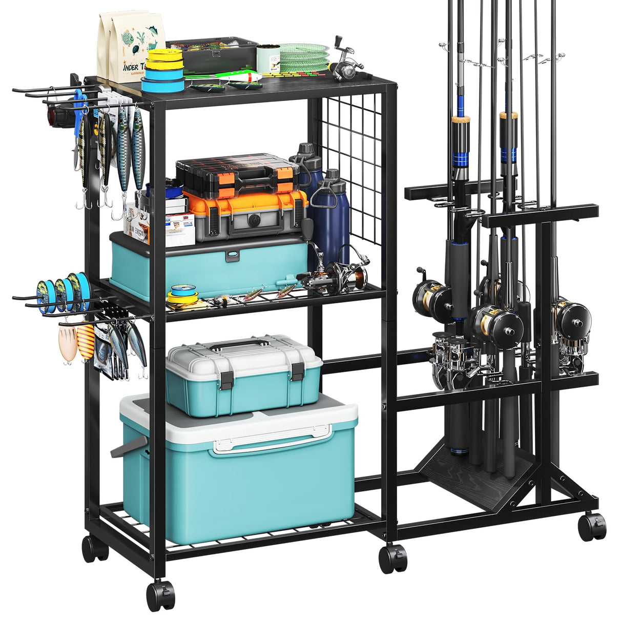 TC-HOMENY Fishing Rod Holders for Garage with Lockable Wheels, Heavy Duty Fishing Pole Rack Cart Holds Up to 10 Rods, Large Fishing Tackle Gear Organizer Storage rack for Room, Garage, Basement, Black TC-HOMENY